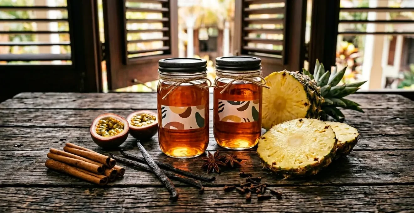 Composition artisanale de rhum arrangé avec ingrédients tropicaux et épices de la Réunion