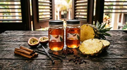 Composition artisanale de rhum arrangé avec ingrédients tropicaux et épices de la Réunion