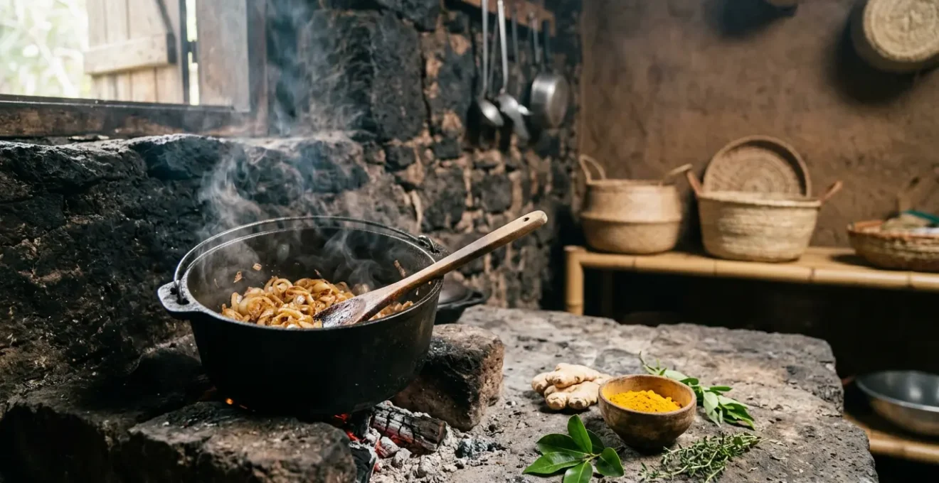 Préparation traditionnelle du roussi avec oignons dorés et épices dans une marmite en fonte sur feu de bois