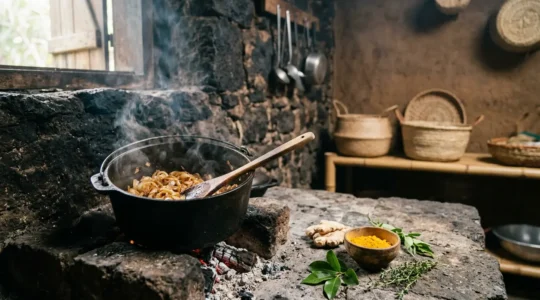 Préparation traditionnelle du roussi avec oignons dorés et épices dans une marmite en fonte sur feu de bois