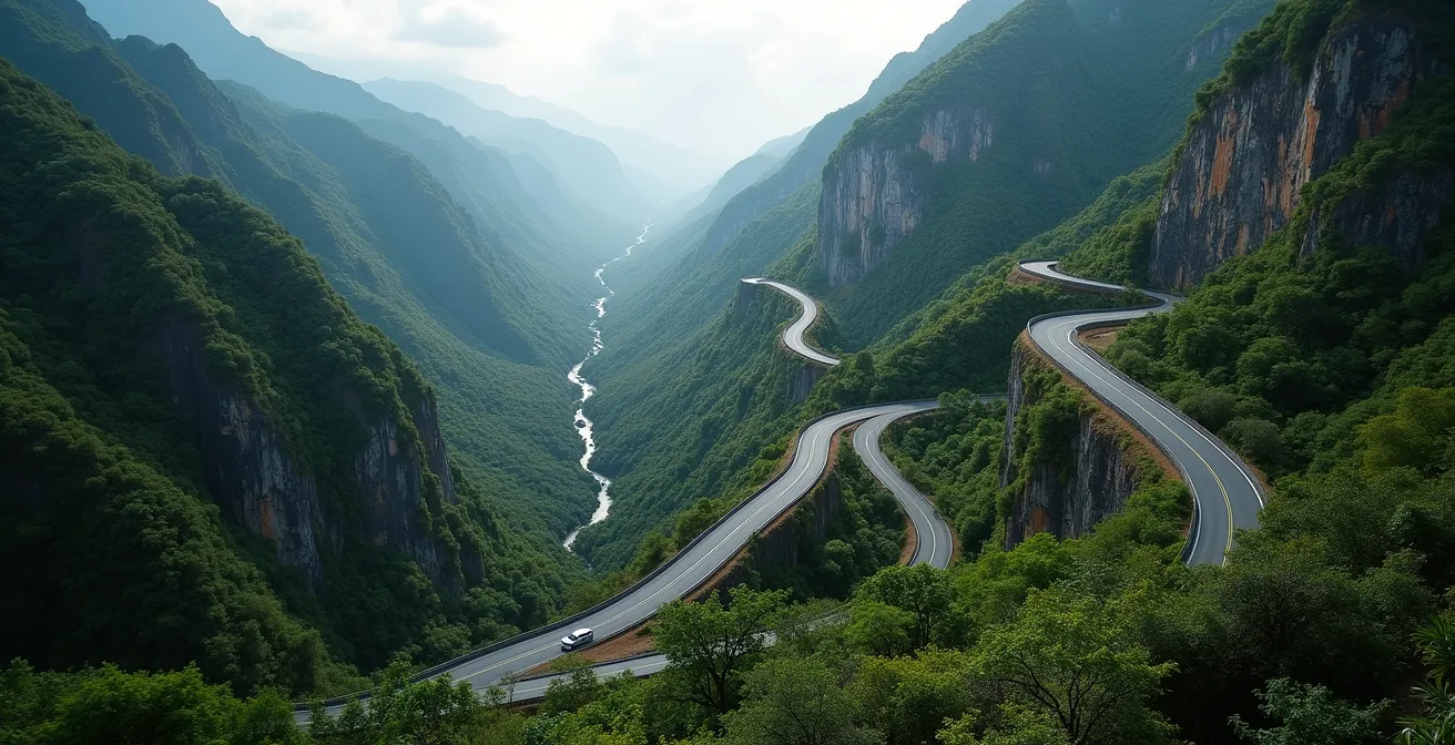 Vue plongeante sur les lacets spectaculaires de la route aux 400 virages serpentant entre les remparts rocheux de Cilaos