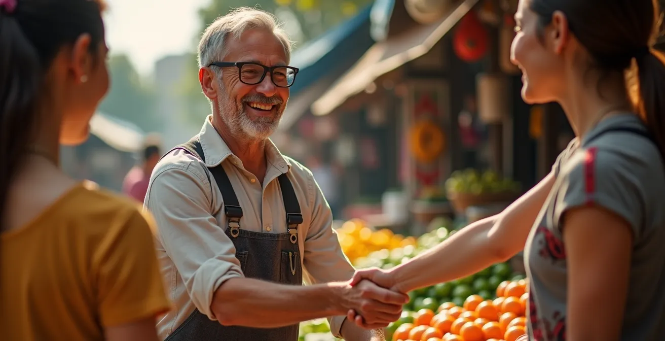 Échange chaleureux entre un touriste et un Réunionnais dans un marché local avec des gestes de salutation