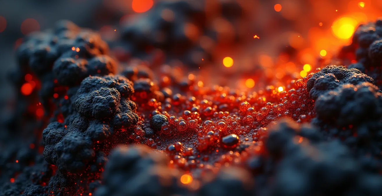 Vue macro des scories volcaniques rouges et noires de la Plaine des Sables montrant leur texture poreuse et friable