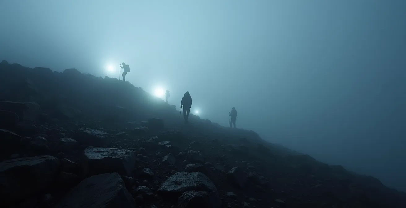 Randonneurs dans le brouillard dense au sommet rocheux du Piton des Neiges