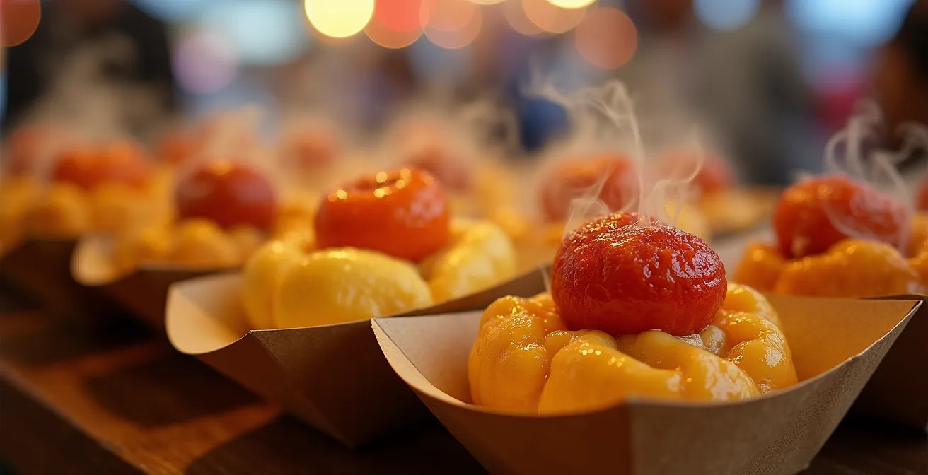 Gros plan sur des spécialités créoles dans des barquettes sur un stand de fête foraine