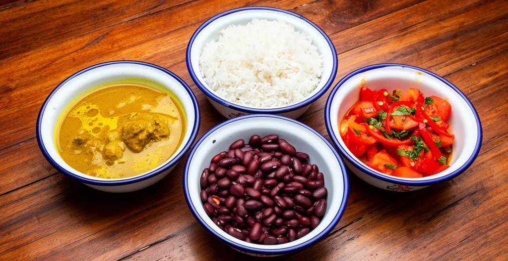 Table traditionnelle créole avec cari, riz, grains et rougail disposés dans l'ordre traditionnel de service