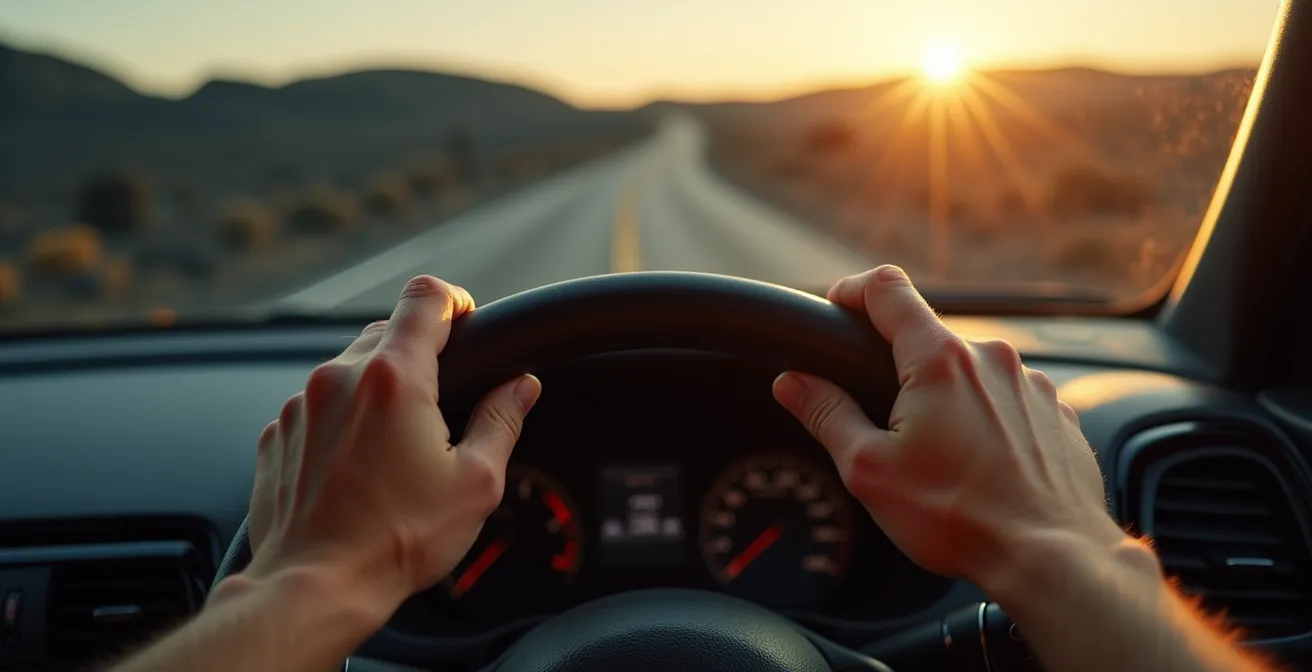 Gros plan sur les mains d'un conducteur tenant fermement le volant sur une piste cahoteuse