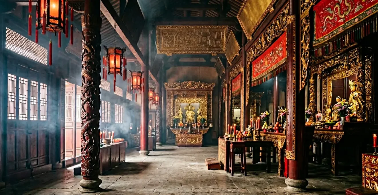 Intérieur majestueux d'un temple chinois avec autels dorés et volutes d'encens créant une atmosphère spirituelle