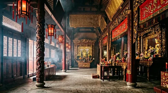 Intérieur majestueux d'un temple chinois avec autels dorés et volutes d'encens créant une atmosphère spirituelle