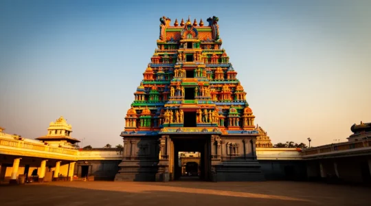Vue majestueuse d'un temple tamoul avec son gopuram coloré et des fidèles en prière