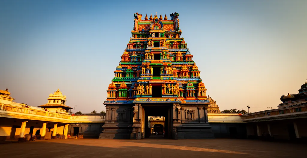 Vue majestueuse d'un temple tamoul avec son gopuram coloré et des fidèles en prière