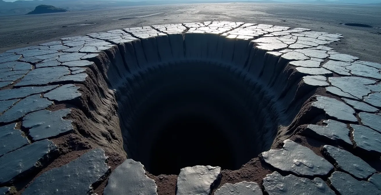 Vue aérienne d'un tunnel de lave effondré dans l'Enclos Fouqué, montrant la cavité sombre et les bords fragiles de la croûte volcanique