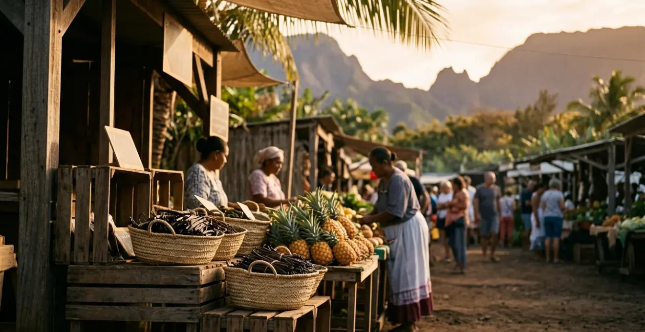 Marché traditionnel de La Réunion avec des gousses de vanille Bourbon et des ananas Victoria disposés sur un étal en bois