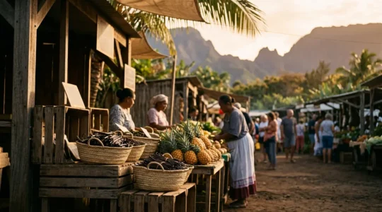 Marché traditionnel de La Réunion avec des gousses de vanille Bourbon et des ananas Victoria disposés sur un étal en bois