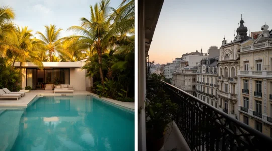 Comparaison visuelle entre une villa avec piscine et un appartement en centre-ville pour un choix de location de vacances