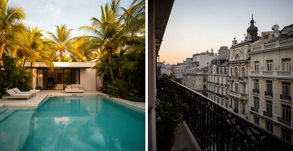 Comparaison visuelle entre une villa avec piscine et un appartement en centre-ville pour un choix de location de vacances