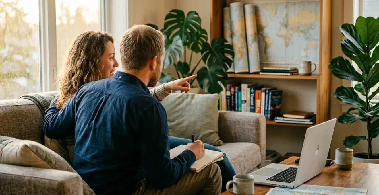 Couple consultant des options d'hébergement pour La Réunion sur un ordinateur portable dans un salon lumineux