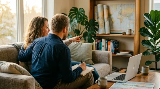 Couple consultant des options d'hébergement pour La Réunion sur un ordinateur portable dans un salon lumineux