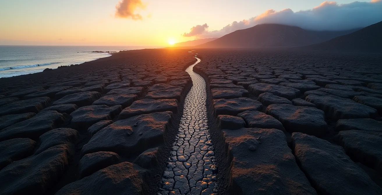 Vue panoramique des deux itinéraires sur les coulées de lave récentes