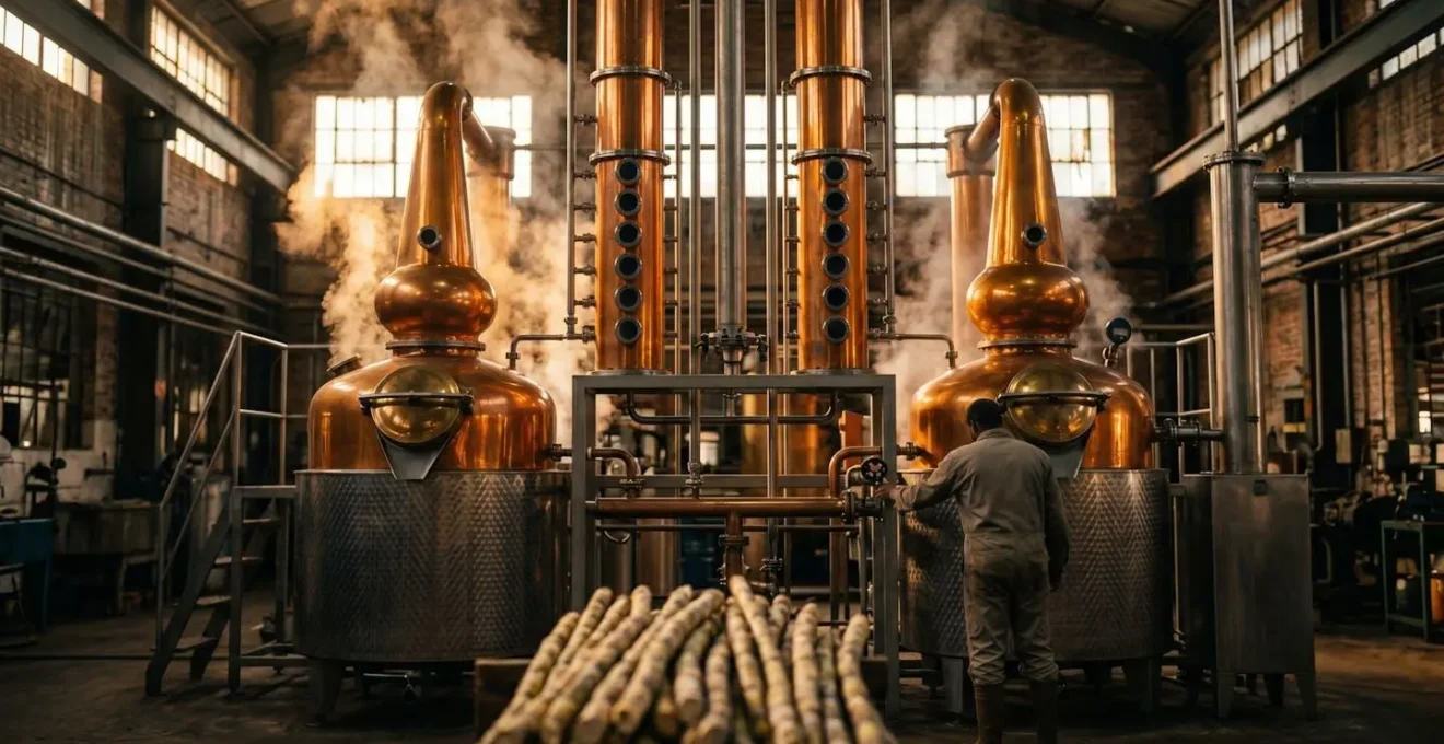 Alambics en cuivre traditionnels dans une distillerie de rhum à la Réunion