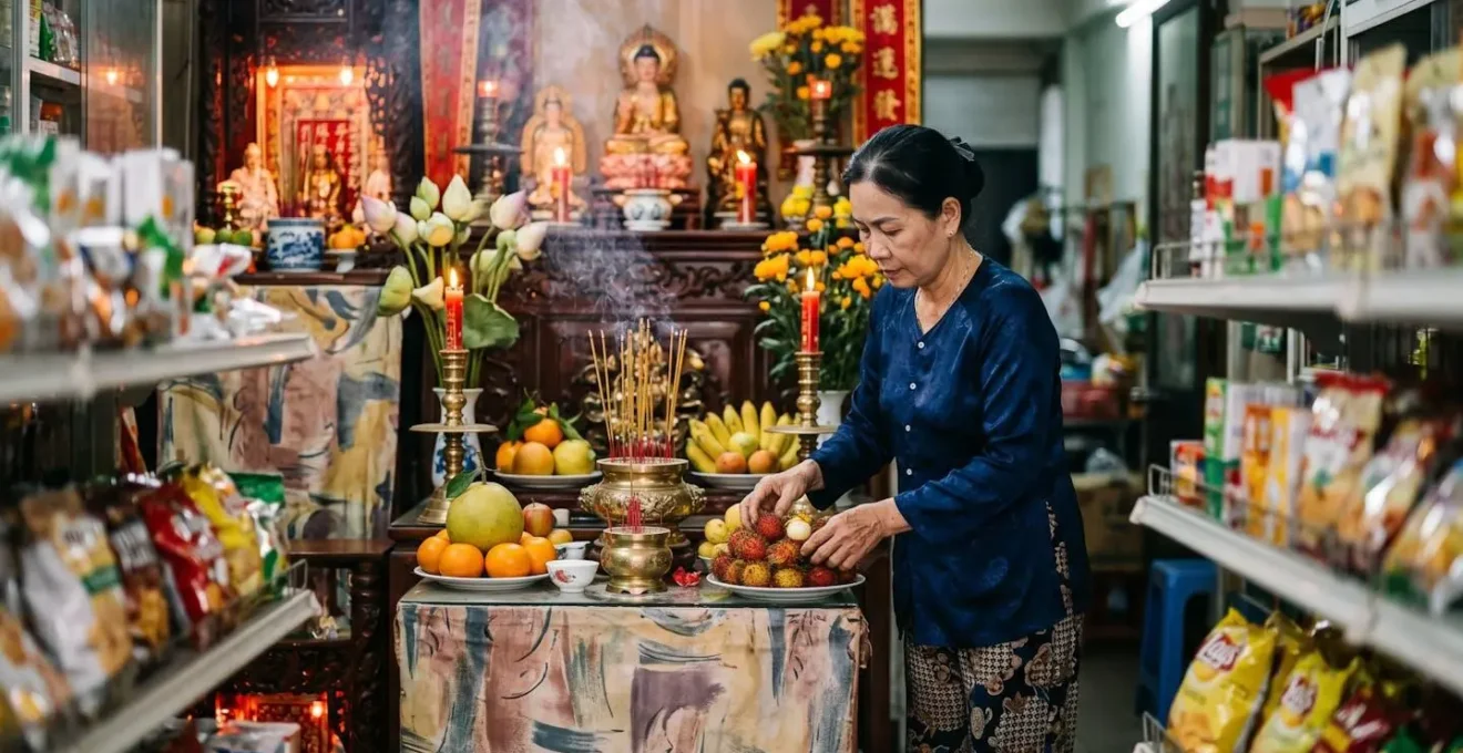 Autel traditionnel chinois richement décoré dans l'arrière-boutique d'un commerce, avec offrandes de fruits et encens allumé