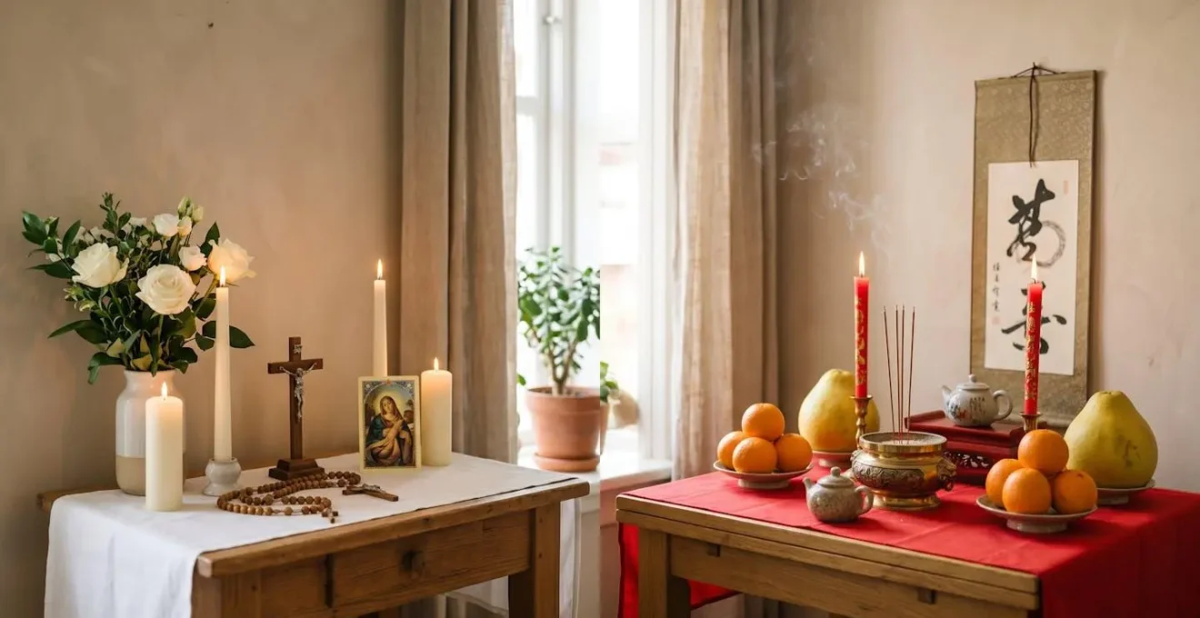 Deux autels religieux cohabitant dans une même pièce, l'un catholique avec une statue de la Vierge, l'autre chinois avec des offrandes traditionnelles