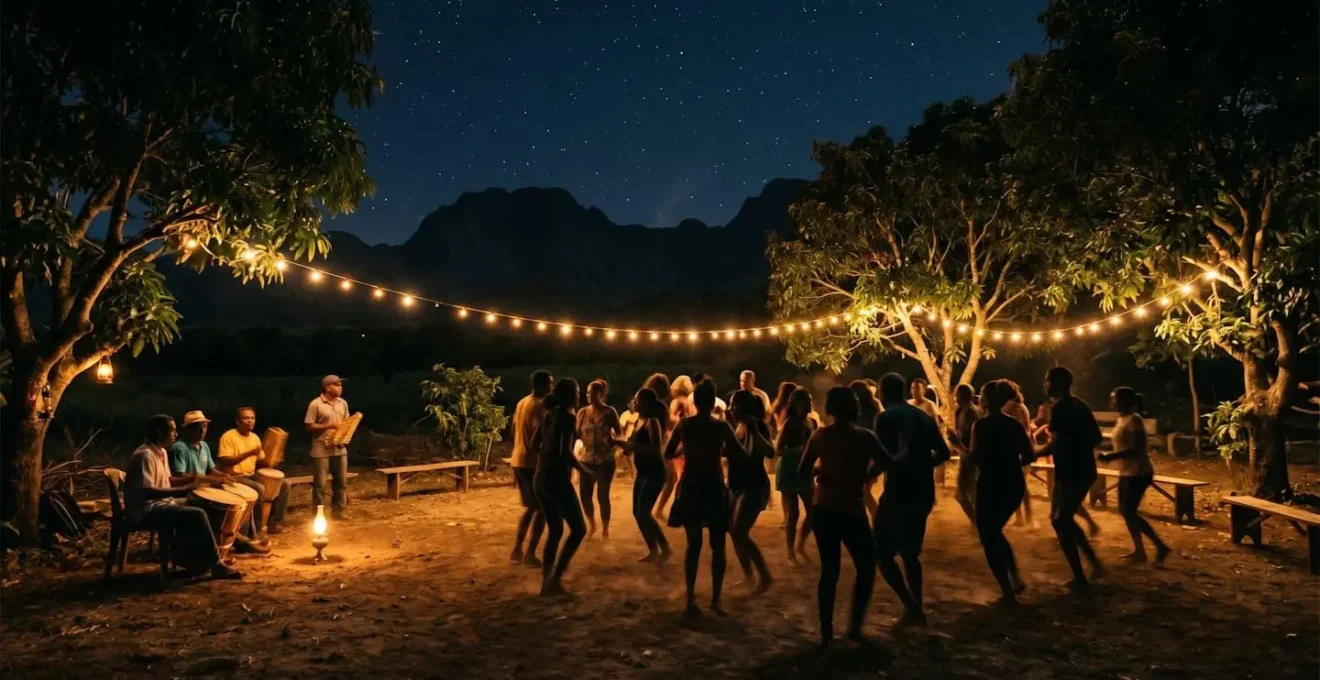 Ambiance chaleureuse d'un bal la poussière traditionnel sous les étoiles à La Réunion