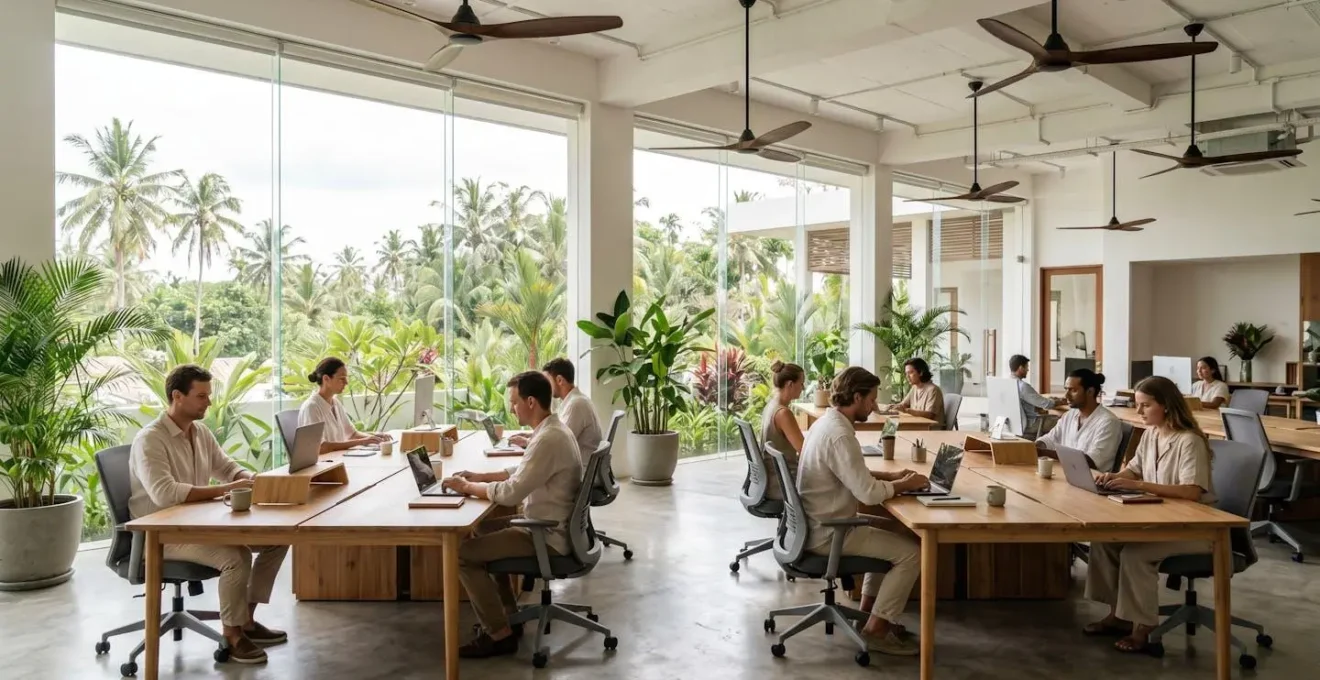 Environnement de bureau tropical avec professionnels en tenue adaptée au climat