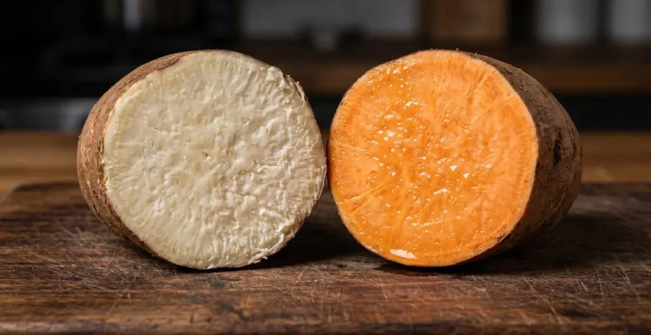 Coupe transversale de patates douces blanches et oranges côte à côte montrant les différences de texture