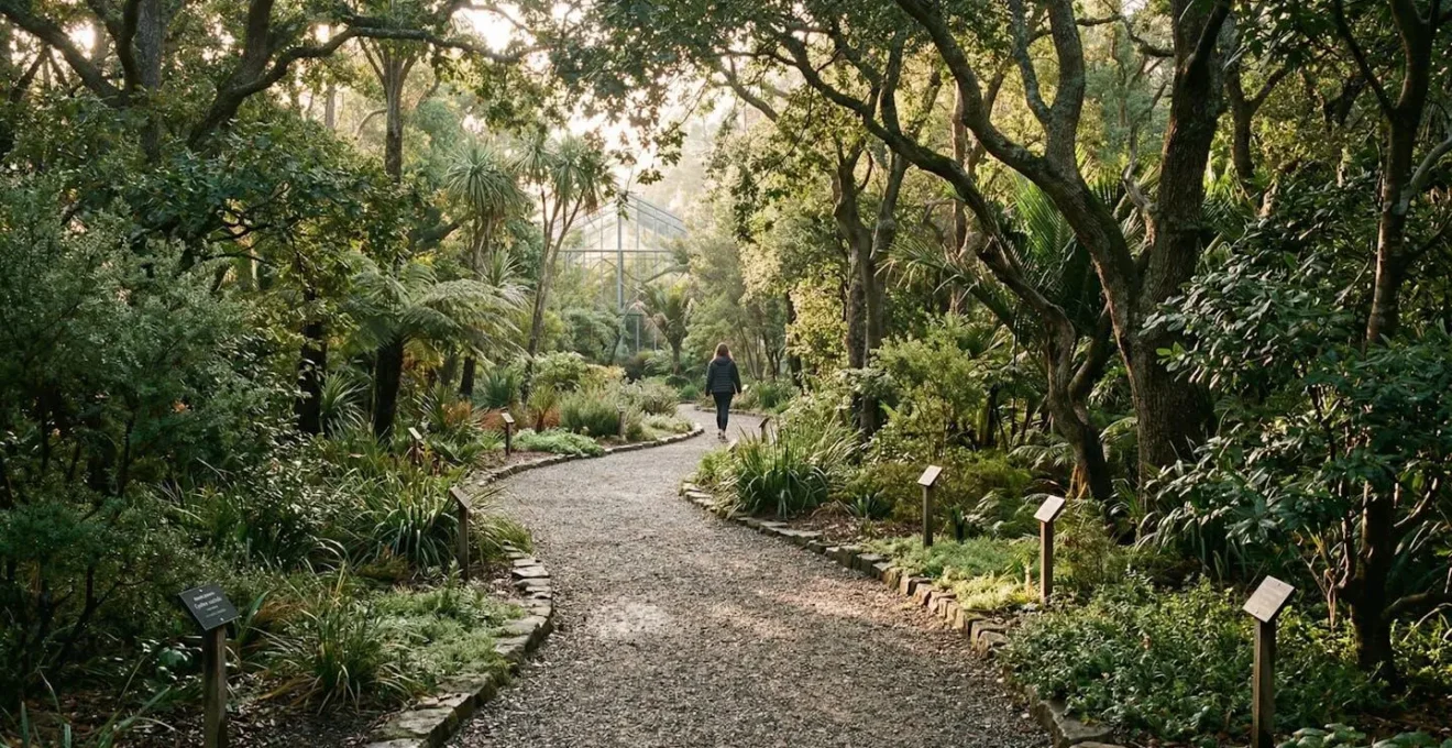 Allée du conservatoire botanique avec plantes endémiques étiquetées en arrière-plan