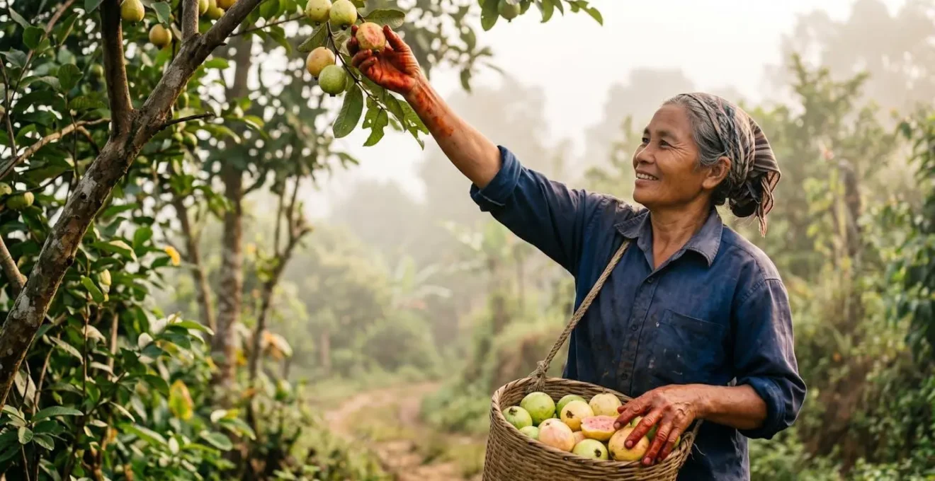 Cueillette matinale de goyaviers dans les Hauts de La Réunion avec paniers traditionnels
