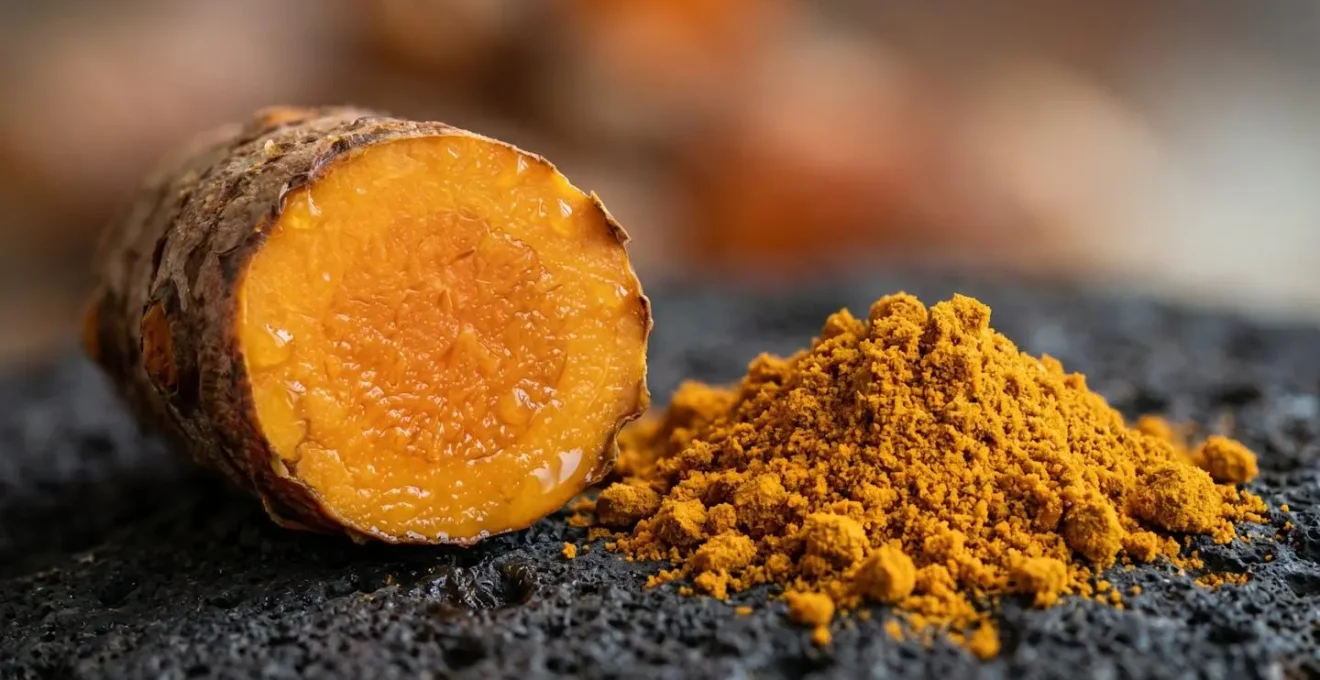 Rhizome de curcuma frais coupé révélant sa chair orange intense à côté de poudre artisanale dorée