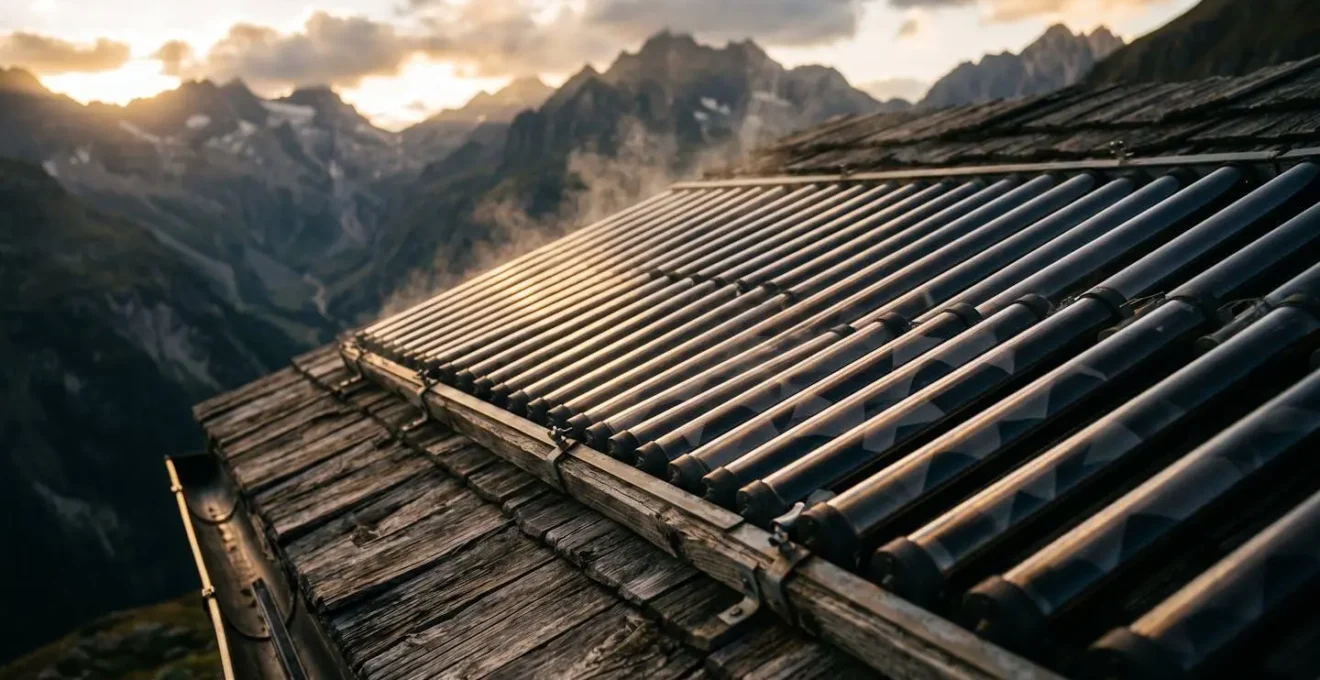 Installation de douche solaire sur le toit d'un refuge de montagne avec capteurs thermiques