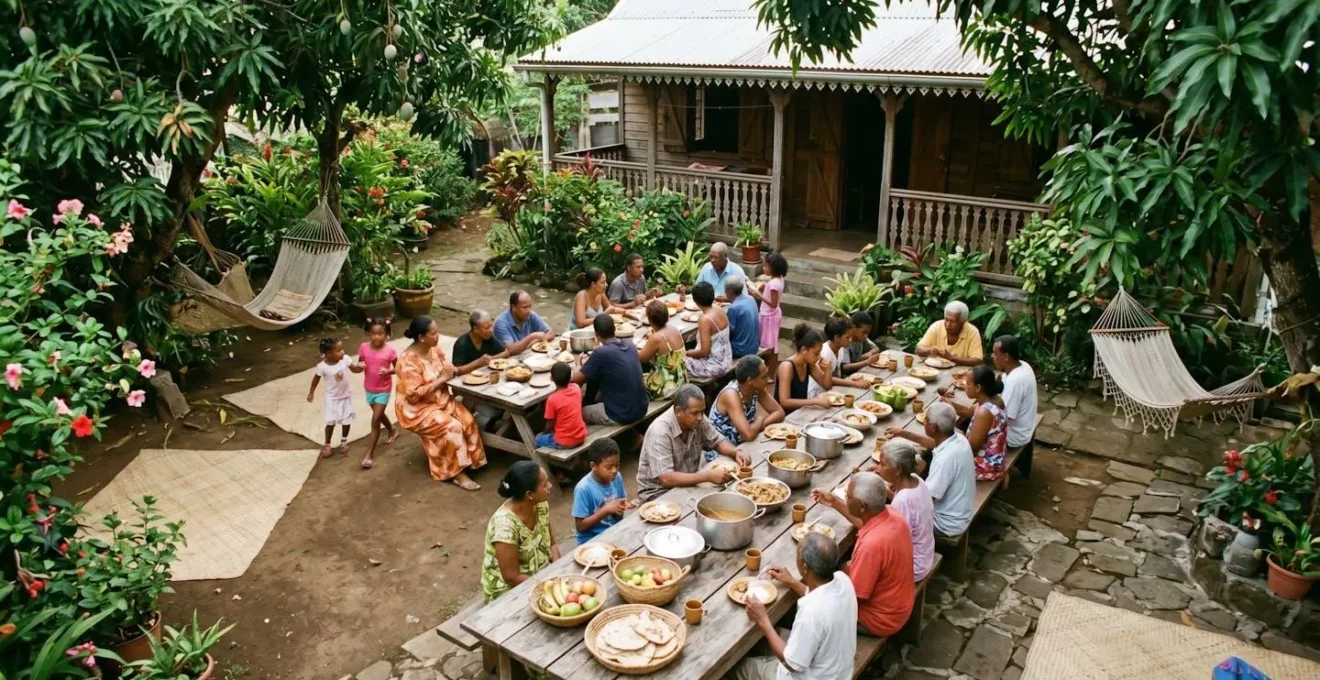 Grande famille réunionnaise réunie dans une cour créole pour un repas partagé