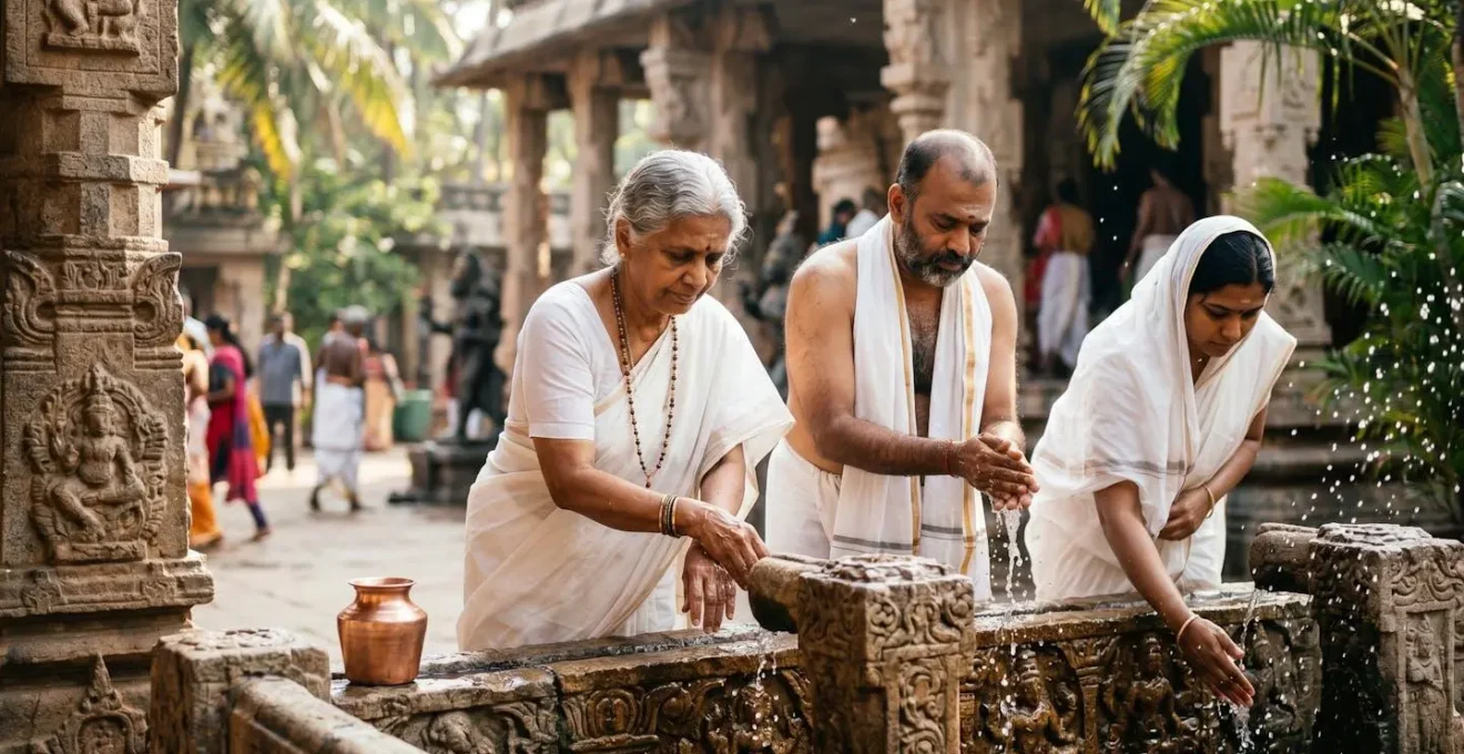 Fidèles effectuant des ablutions rituelles avant d'entrer dans un temple tamoul