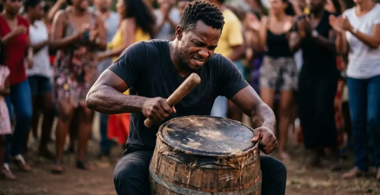 Musicien frappant le temps fort du pilon sur un roulèr traditionnel