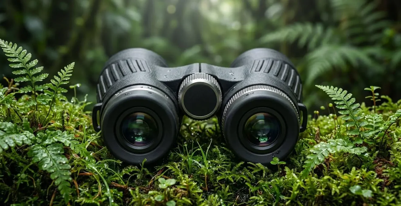 Jumelles posées sur mousse en forêt tropicale humide de La Réunion