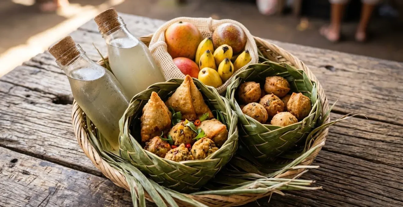 Kit de pique-nique créole zéro déchet avec barquette en feuilles naturelles sur un marché local