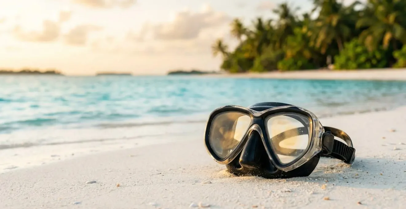 Vue détaillée d'un masque de plongée avec verres correcteurs installés, environnement tropical flou en arrière-plan