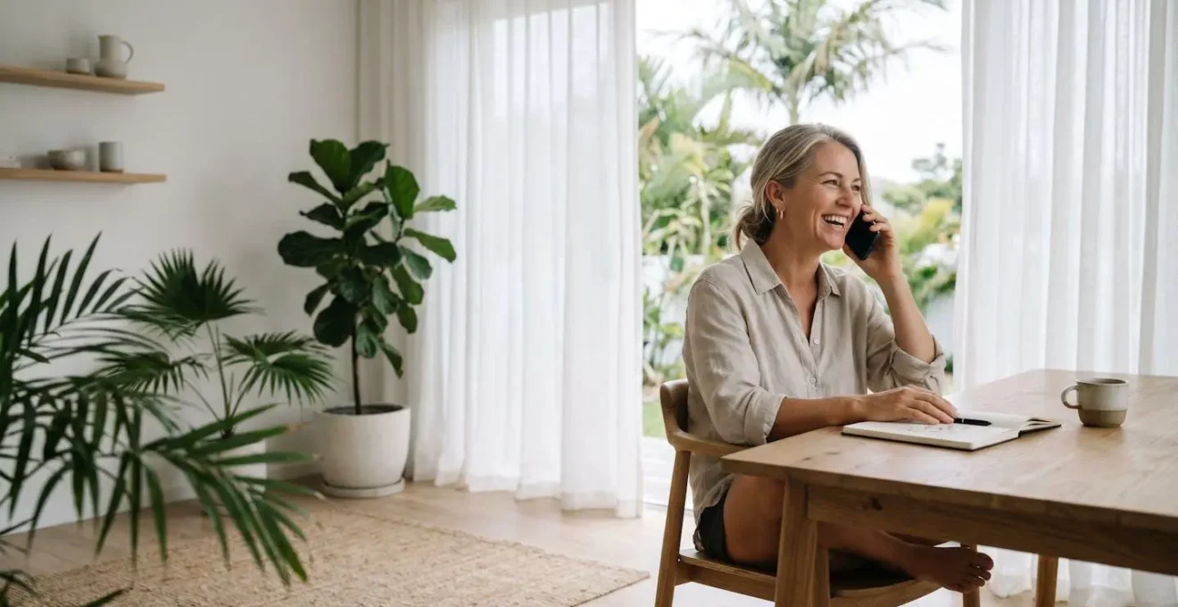 Personne souriante au téléphone avec carnet de notes pour négocier un hébergement