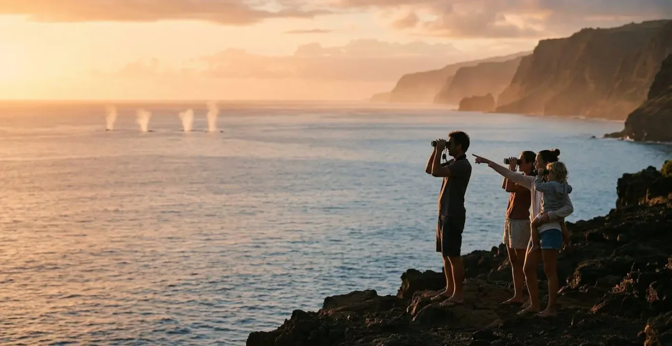 Observateurs avec des jumelles au Cap La Houssaye regardant les souffles de baleines au large au lever du soleil.