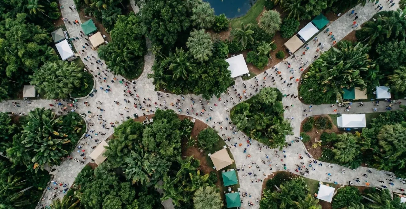 Vue aérienne d'un parc tropical avec allées serpentantes et zones de végétation dense pendant un événement