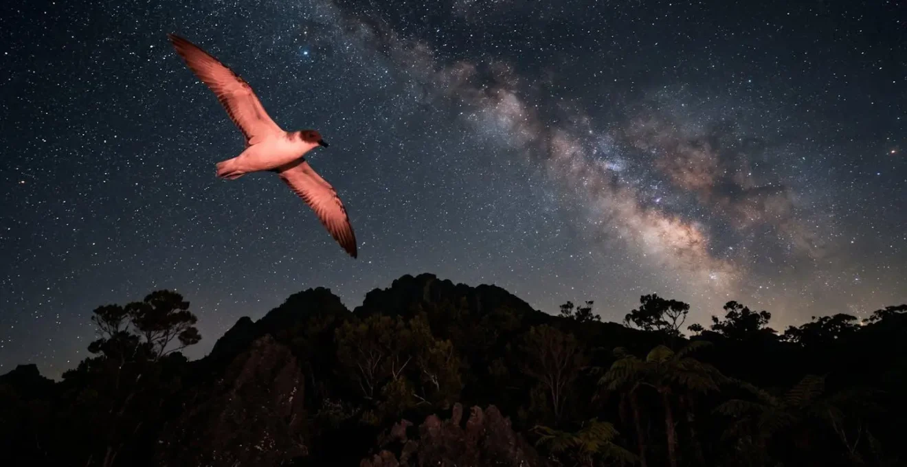 Pétrel de Barau en vol nocturne éclairé uniquement par une lumière rouge discrète