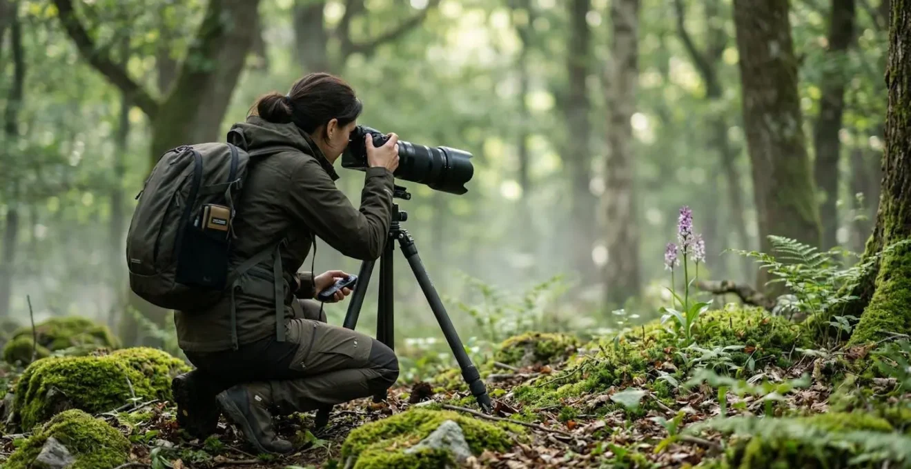 Photographe utilisant un téléobjectif pour capturer une orchidée à distance en forêt
