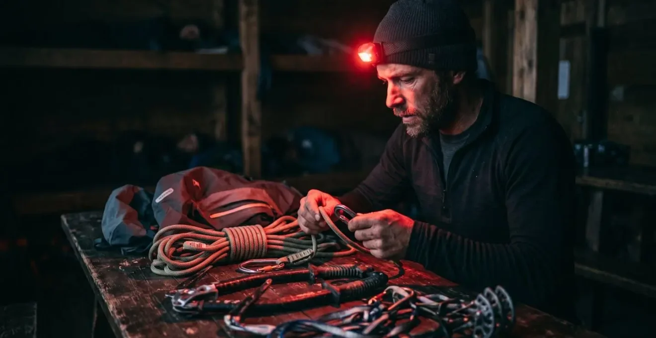Alpiniste préparant son équipement à la lueur d'une lampe frontale rouge dans un refuge