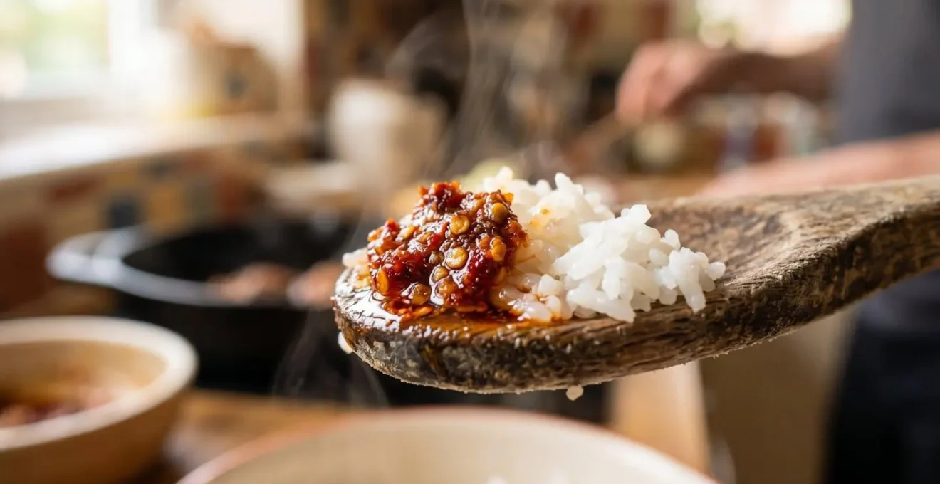 Gros plan sur une main tenant délicatement une cuillère avec du riz et une micro-dose de piment rouge sur le côté