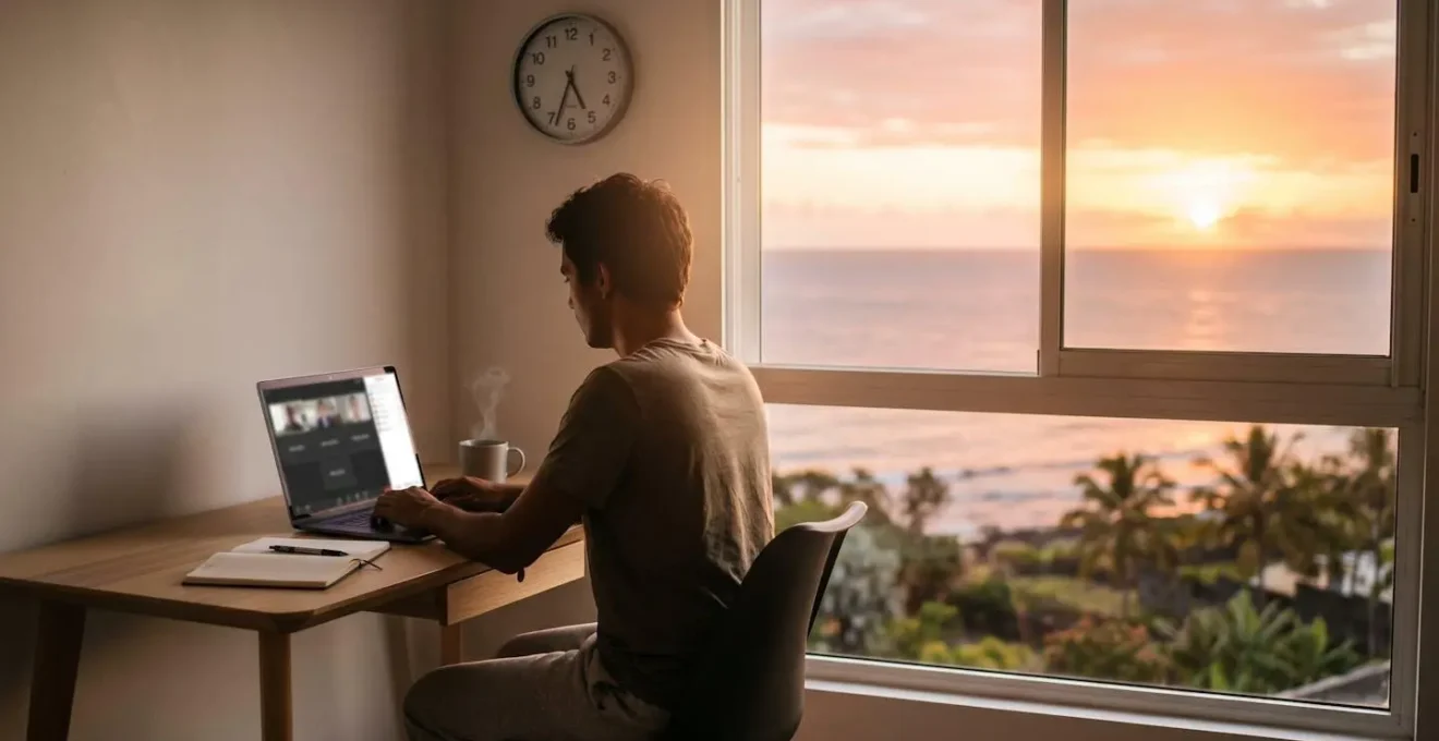 Bureau moderne avec vue sur l'océan Indien au lever du soleil, illustrant le télétravail depuis La Réunion