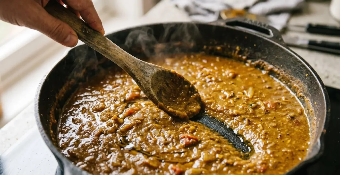 Cuillère en bois traçant un sillon dans une sauce cari épaisse révélant le fond de la marmite