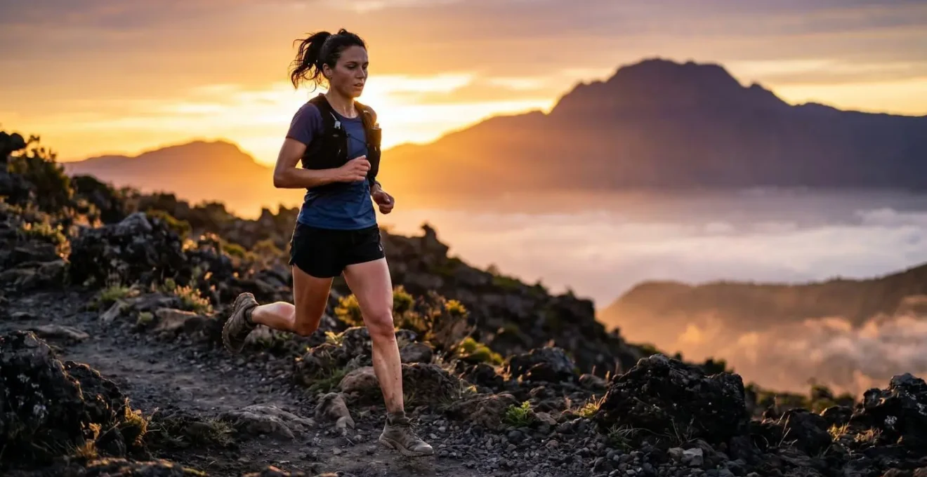 Coureur de trail au lever du soleil sur les sentiers volcaniques de La Réunion