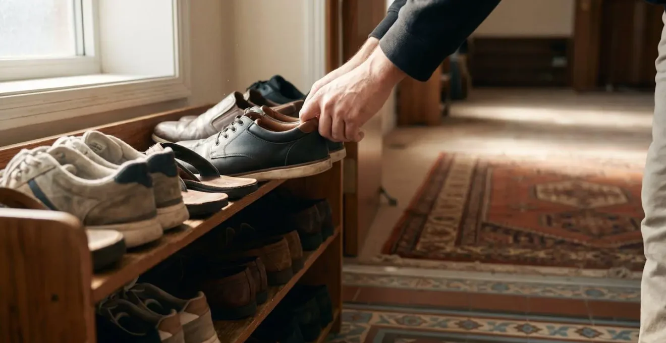 Visiteur retirant ses chaussures à l'entrée d'une mosquée, geste de respect traditionnel